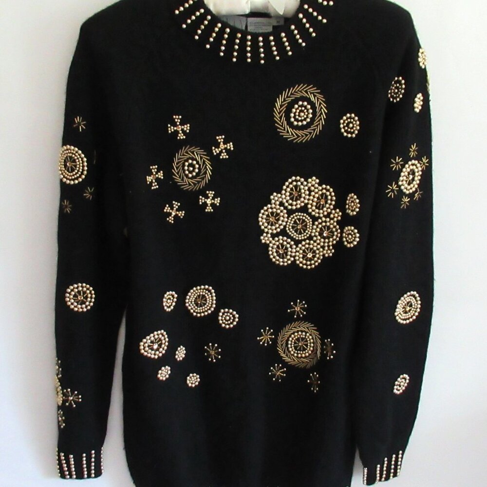 NWT Shannan black lambswool gold beading long sleeve tunic sweater *Sz M*